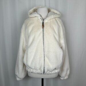 Thread & Supply Faux Fur Zip Jacket Womens XS Hood Pockets Ivory Cream Vanilla